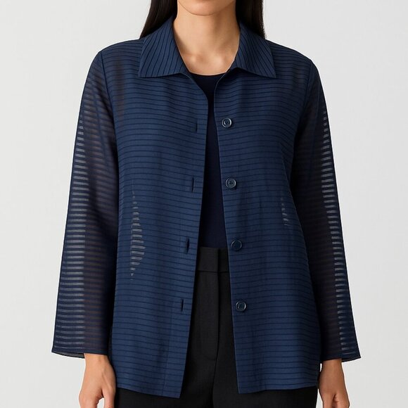 Akris Punto Navy Sheer Striped Blazer Jacket Silk Blend - Picture 1 of 16